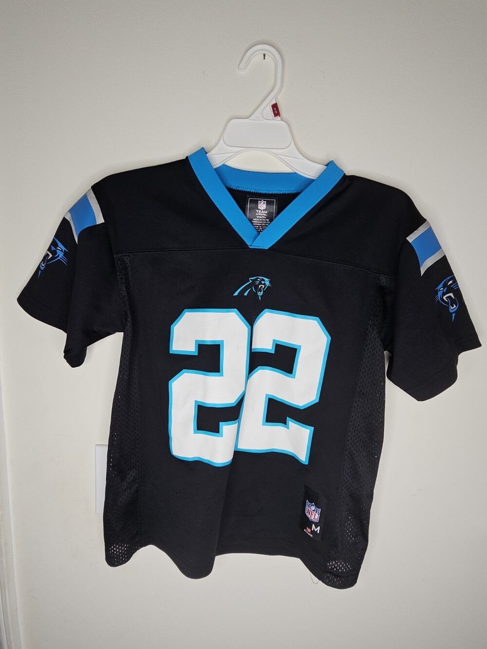 NFL Players Carolina Panthers Youth Jersey, 22 McCaffrey, Size Medieum 10/12
